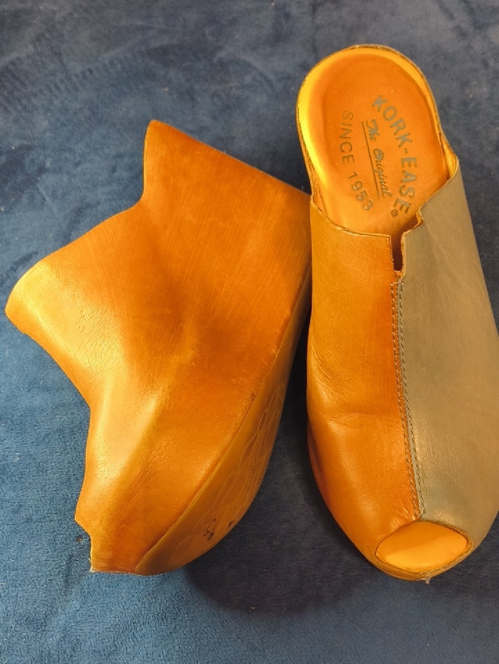 Kork-Ease Two-Tone Leather Peep-Toe Wedge Mules in Tan & Grayish Blue